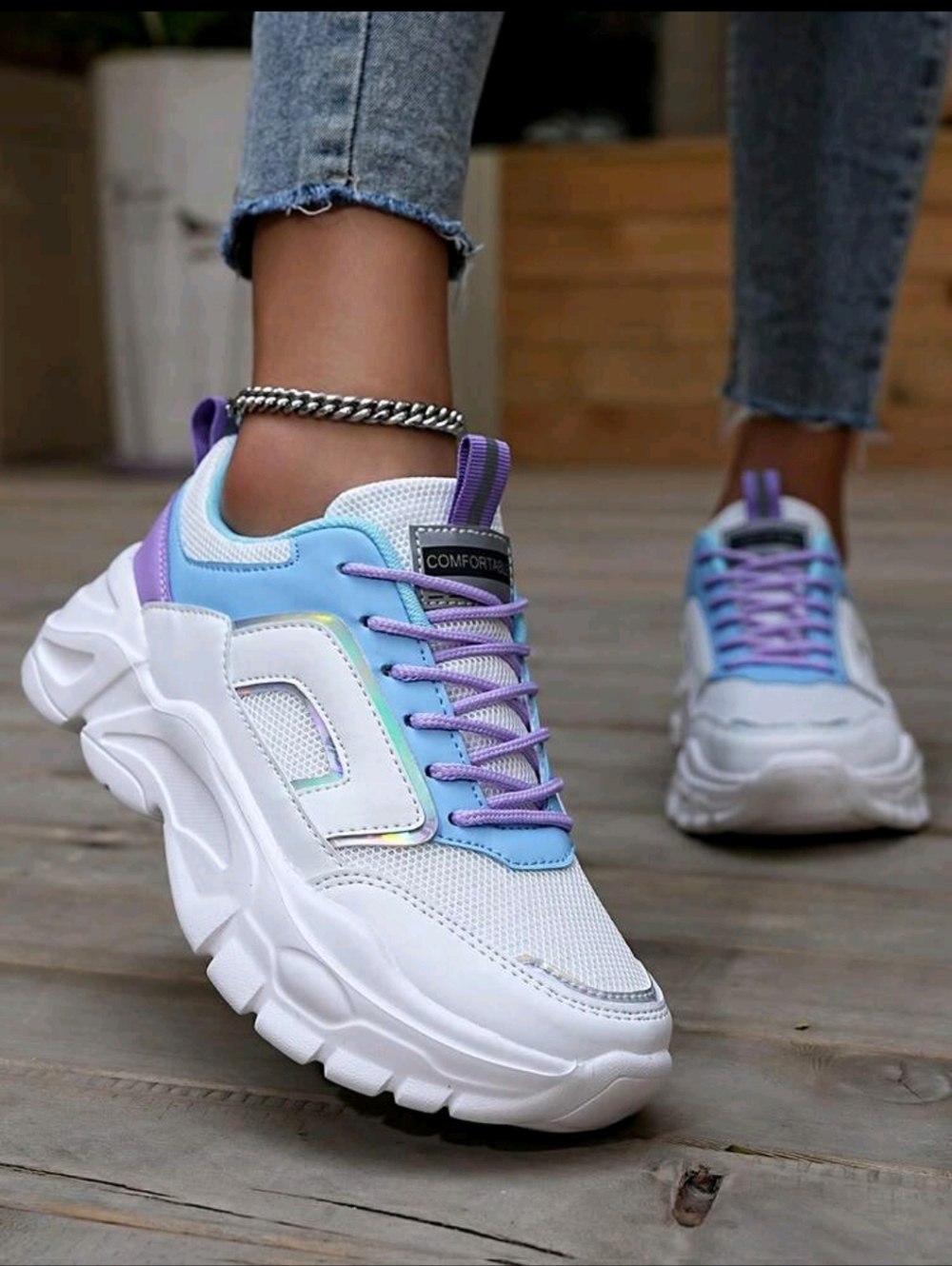 Women's Chunky Trainer in White with Lavender & Light Blue